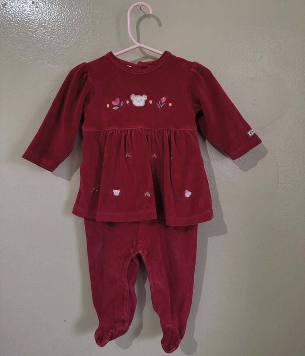 McBaby Red Velour Bear Embroidered 2-Piece Top and Footed Pants Set 6-9M